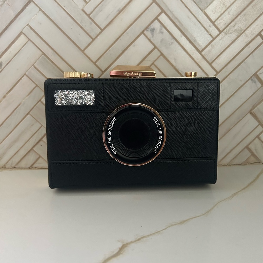 Olga Berg Novelty Black and Gold Camera Clutch
